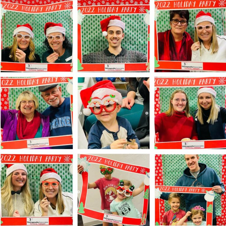 collage of people using holiday party photo booth props